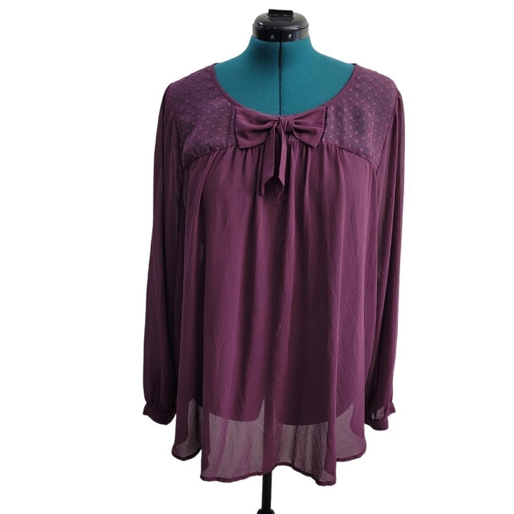 Eyeshadow Purple Sheer Top Long Sleeve with a Bow on the Center. Plus size 2X